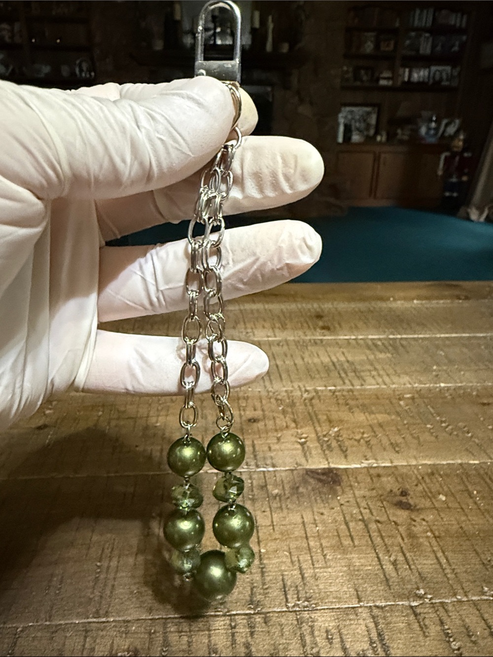 Handmade Green Beaded Drop keychain with Silver Chain